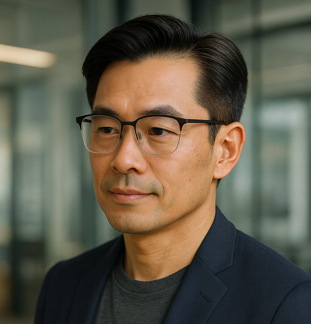 Man wearing glasses and a dark blazer in an indoor setting