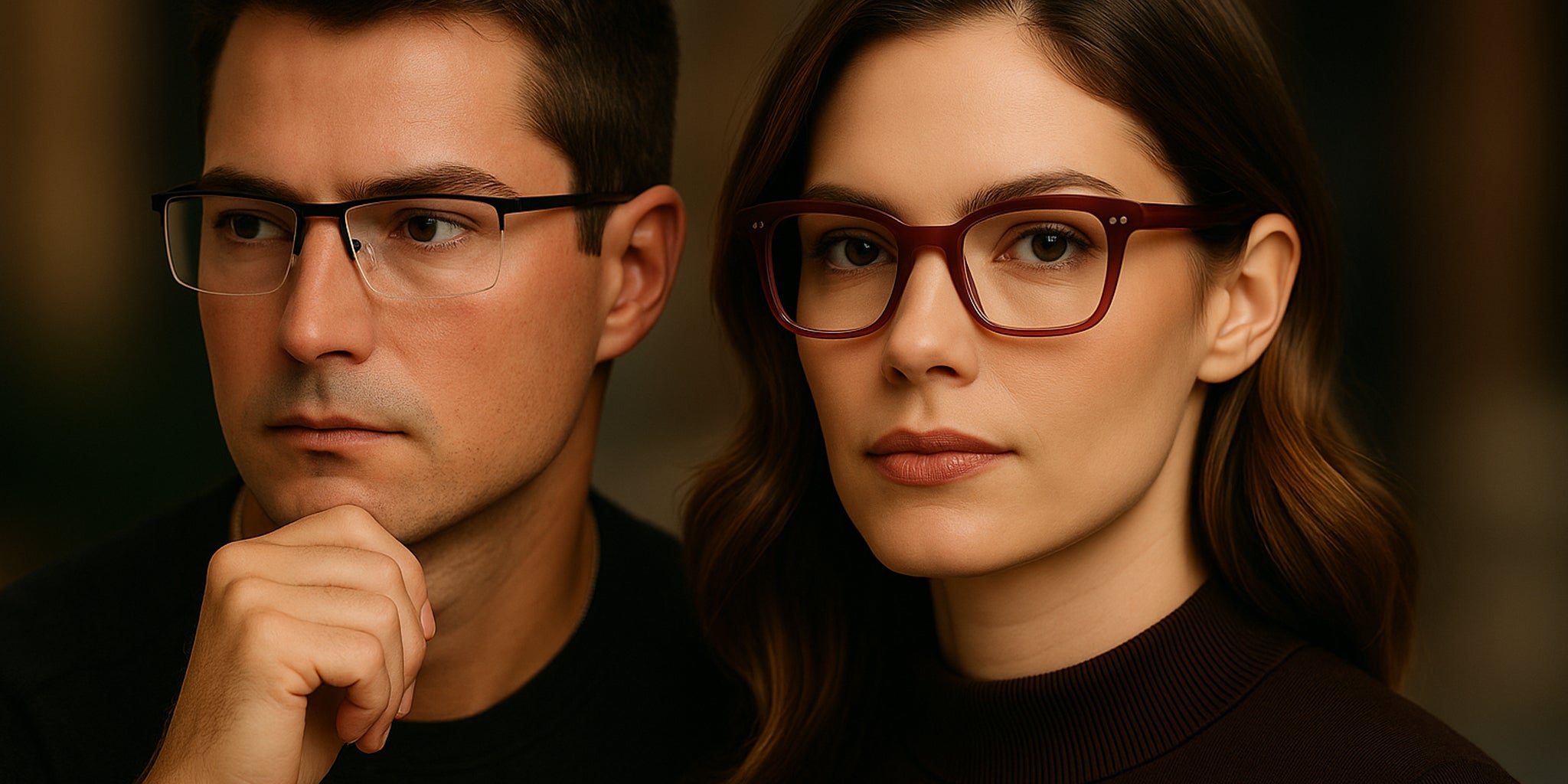 Two people wearing glasses against a warm-toned background